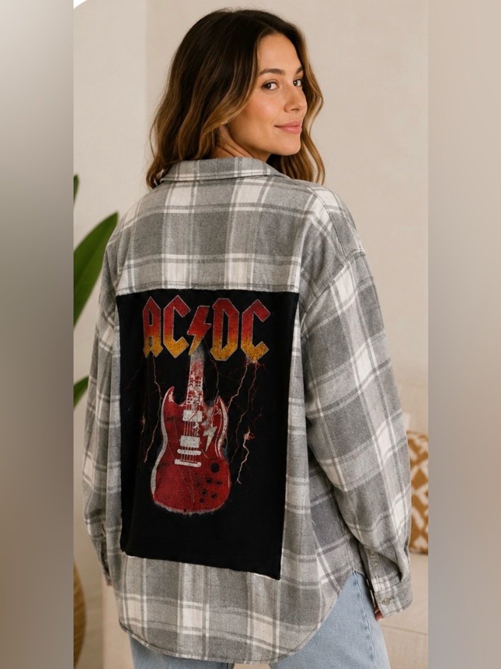 Croft & Barrow Upcycled plaid shacket with AC/DC Patch on back - Size 2X